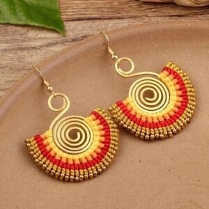 Boho Chic Gold Tone Spiral‎ Statement Earrings Red Yellow Beaded Dangle
